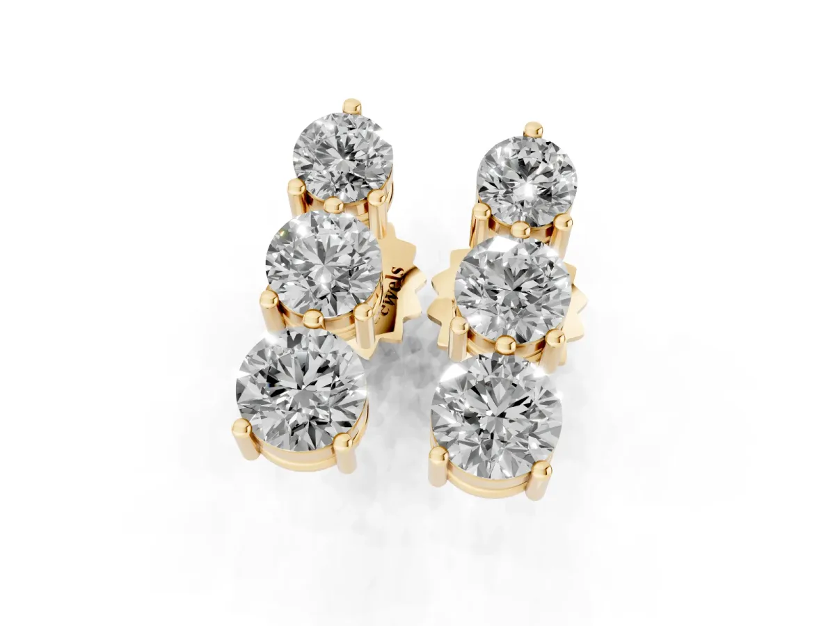 Three-Stone Round Diamond Prong-Set Drop Earrings Yellow gold