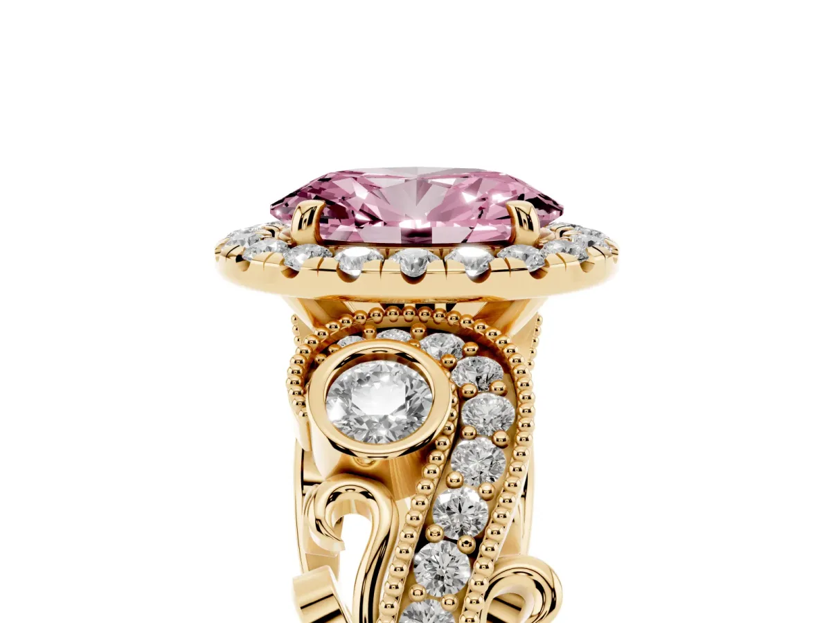Fancy Pink Oval Cut Diamond Halo Ring with Milgrain Pavé Band and Four-Prong Setting Yellow gold