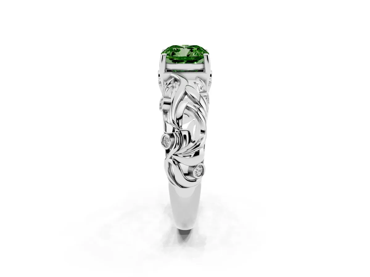 Fancy Green Cushion Cut Solitaire Diamond Leaf-Inspired Vine Band Ring with Prong Setting Platinum