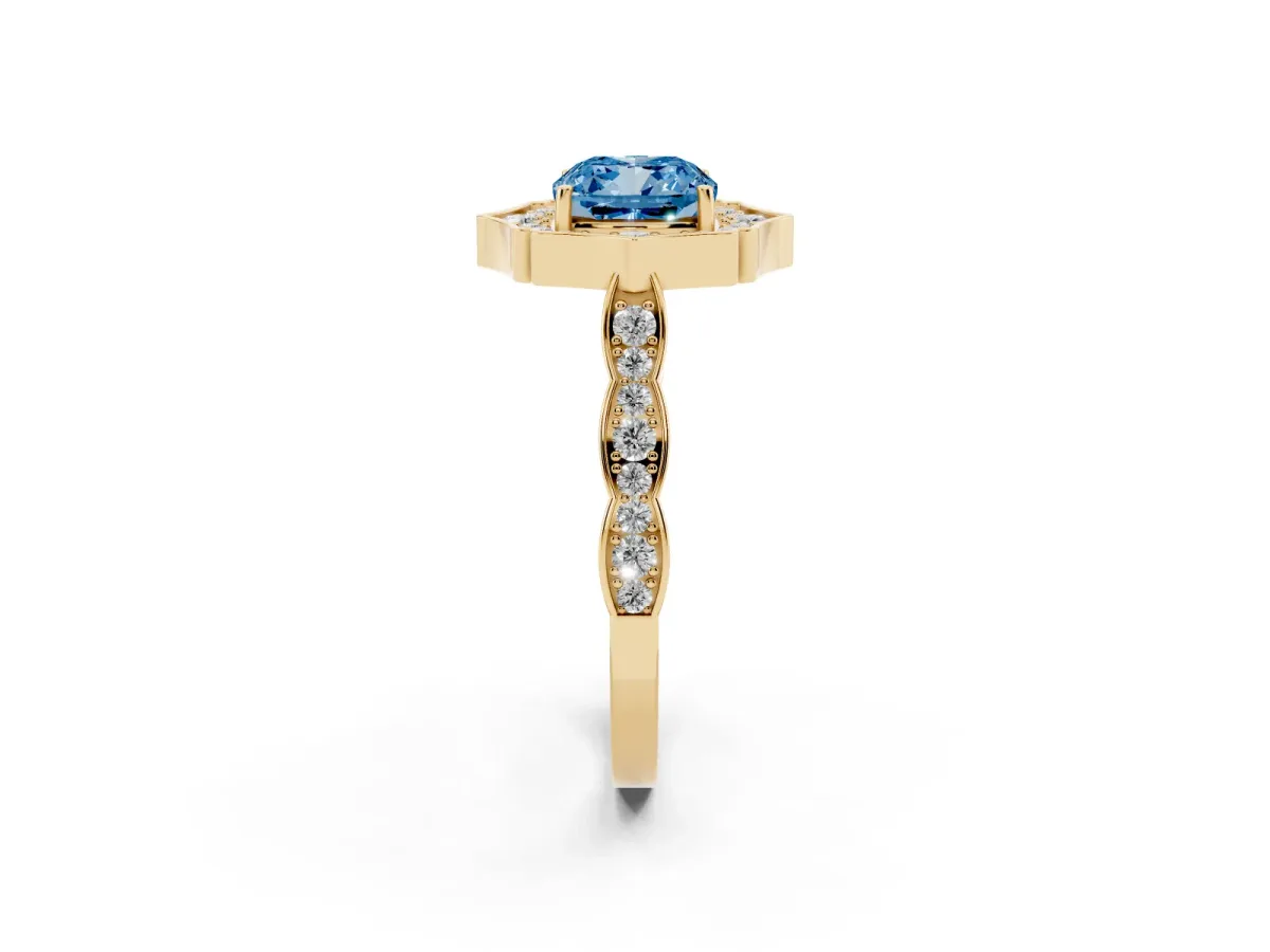 Fancy Blue Cushion Cut Halo Diamond Engagement Ring with Milgrain Band and Four-Prong Setting Yellow gold