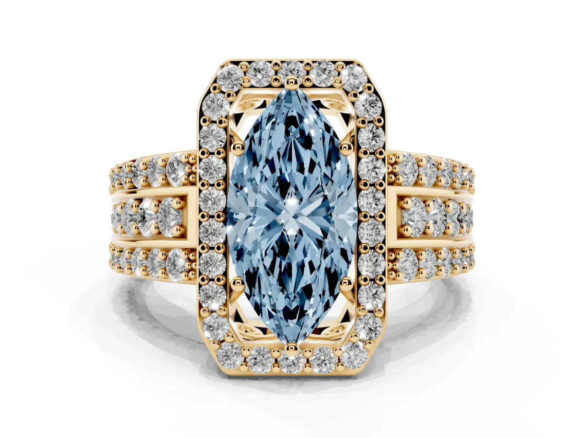 Fancy Blue Marquise Cut Halo Diamond Ring with Round Split Shank and Prong Setting Yellow gold