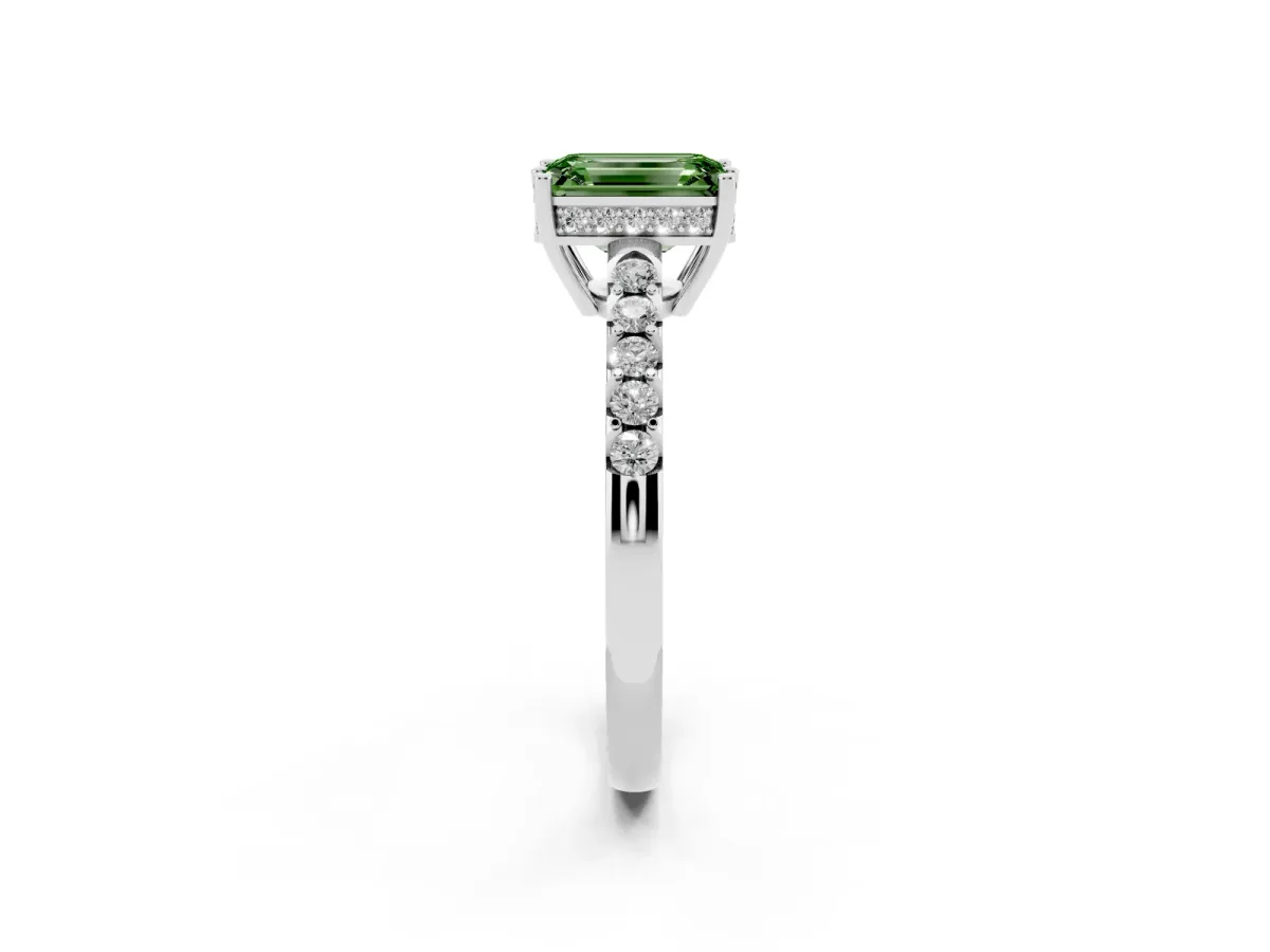 Fancy Green Emerald Cut Solitaire Diamond Engagement Ring with Pavé Band and Six-Prong Setting Silver