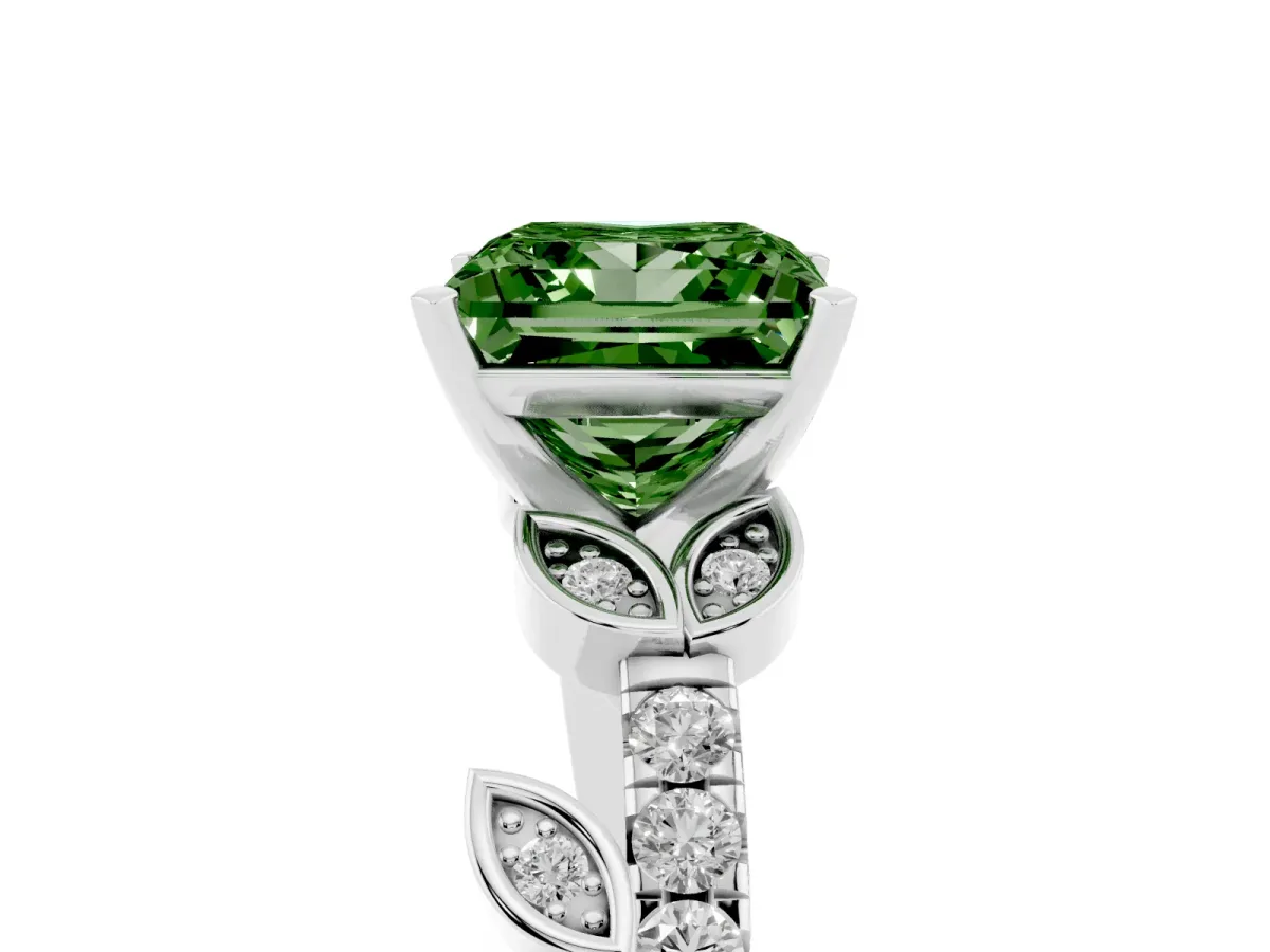 Fancy Green Princess Cut Solitaire Leaf-Inspired Diamond Ring with Pavé Band and Four-Prong Setting Platinum