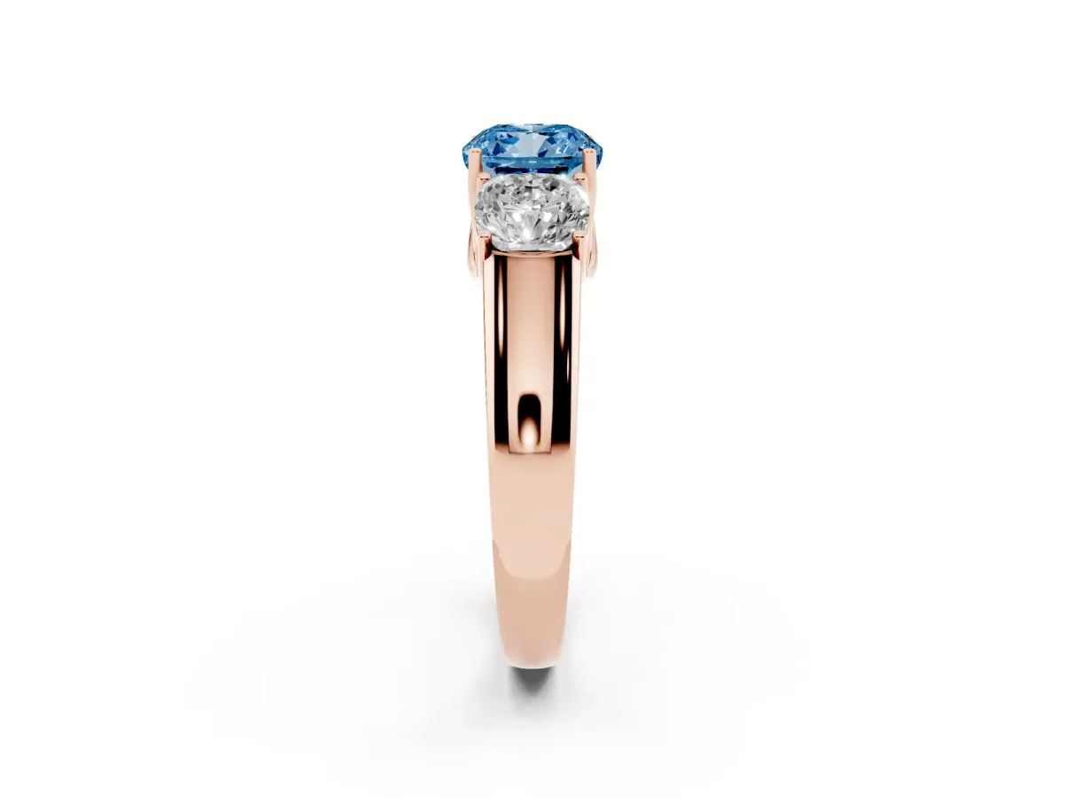Fancy Blue Three-Stone Cushion Cut Cut Diamond Ring with Prong Setting and Classic Band Rose gold