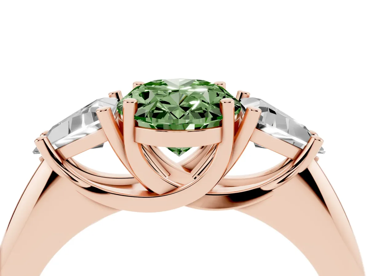 Fancy Green Three-Stone Oval Cut Diamond Engagement Ring with Trillion Side Stones and Prong Setting Rose gold