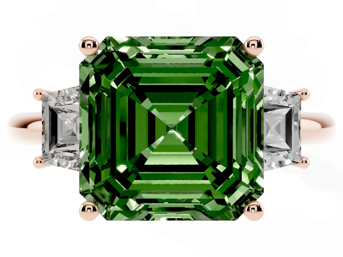 Fancy Green Asscher Cut Diamond Three-Stone Ring with Trapezoid Side Stones and Prong Setting Rose gold
