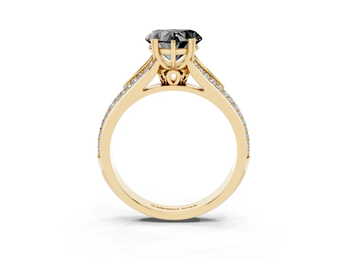 Fancy Black Heart Cut Diamond Split Shank Engagement Ring with Pavé Band Yellow gold