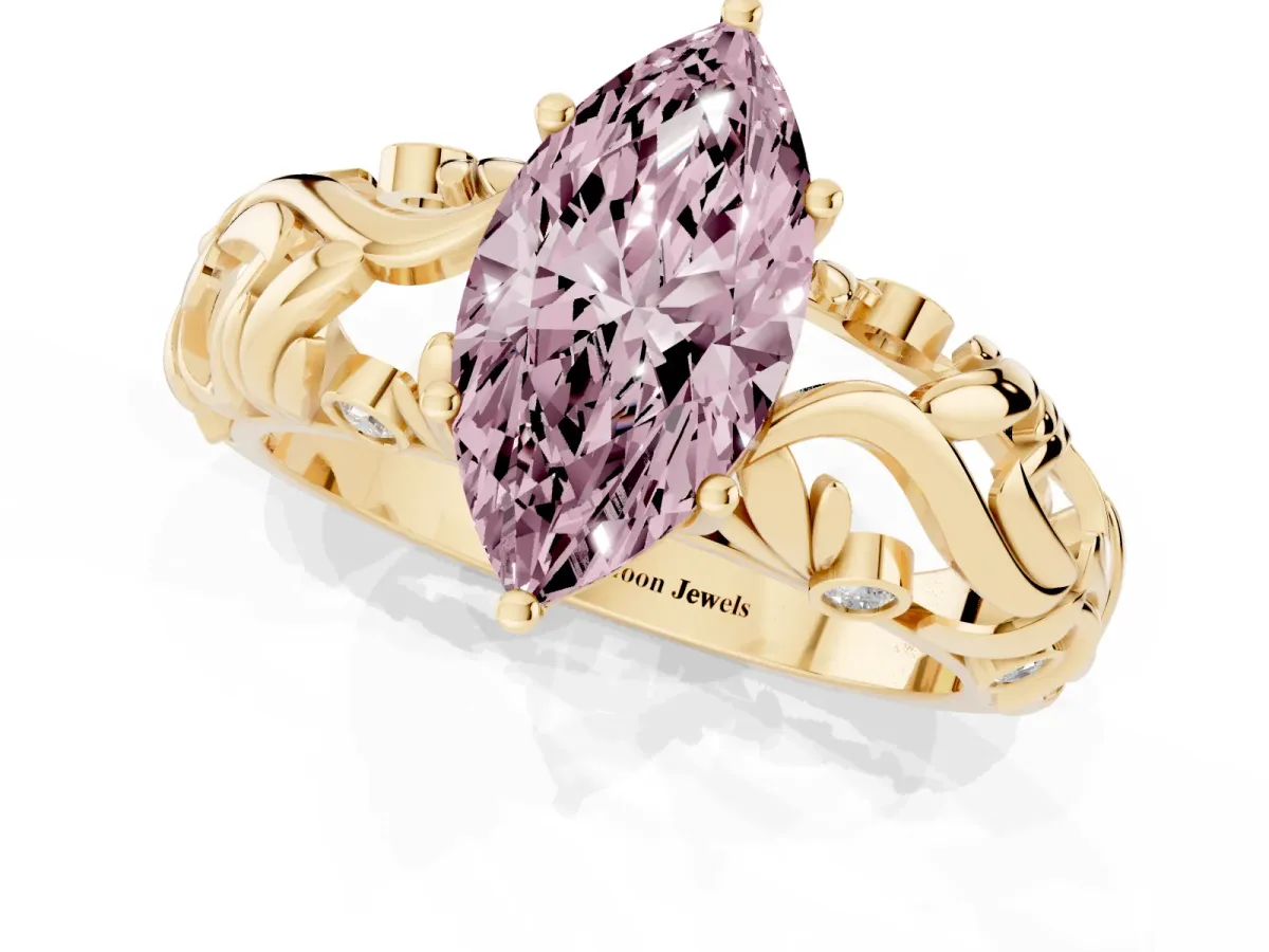 Fancy Pink Marquise Cut Solitaire Diamond Leaf-Inspired Vine Band Ring with Prong Setting Yellow gold