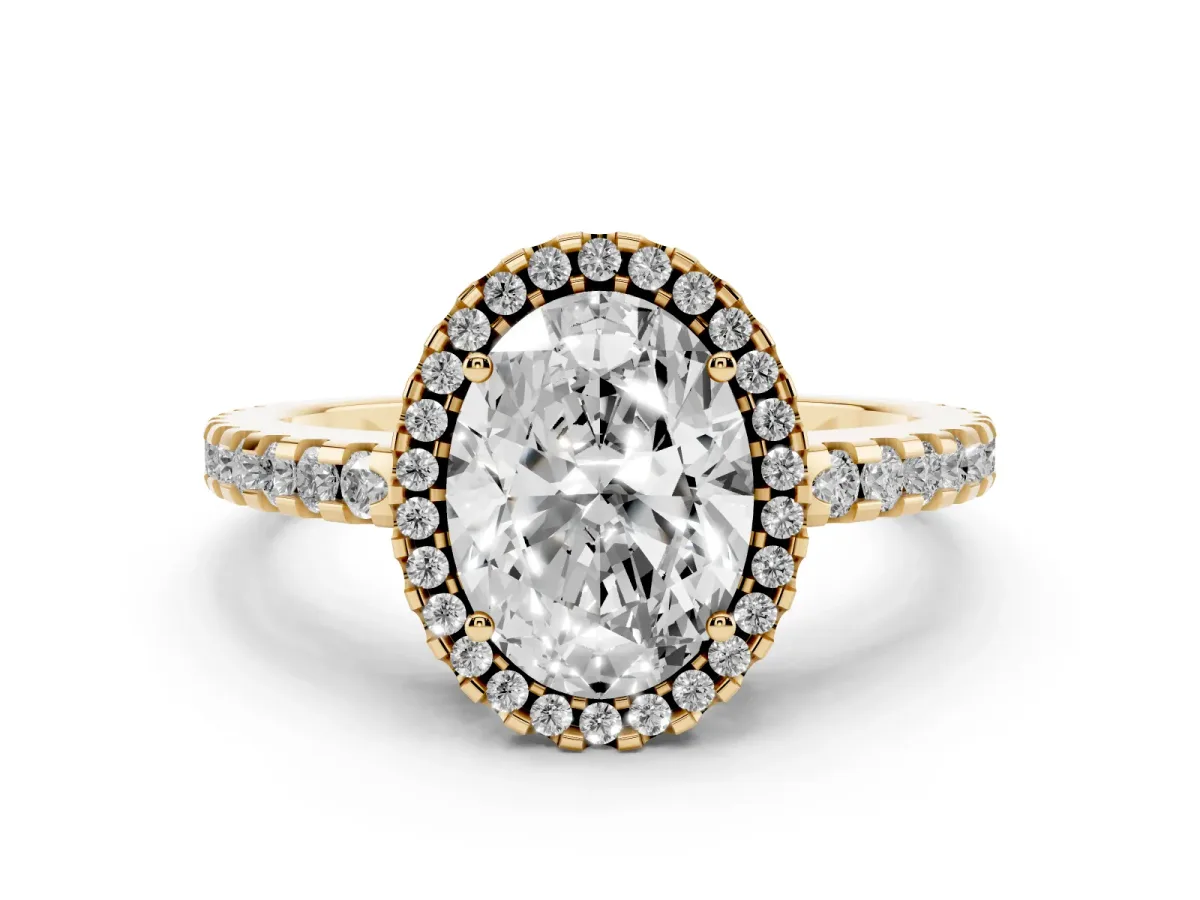 Oval Cut Diamond Halo Engagement Ring with Pavé Band and Prong Setting Yellow gold