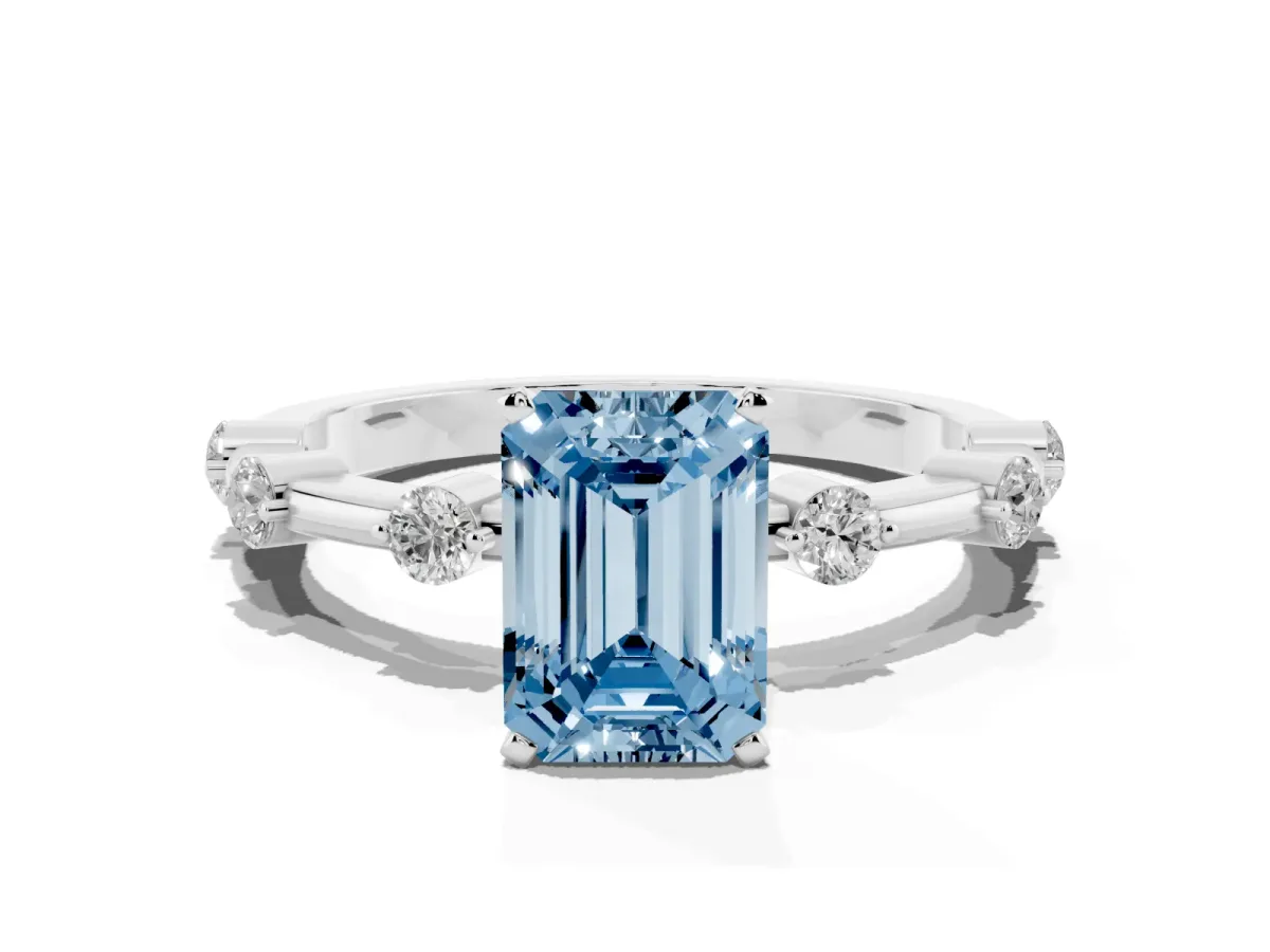 Fancy Blue Emerald Cut Solitaire Diamond Ring with Bezel Set Side Stones and Prong Setting Silver