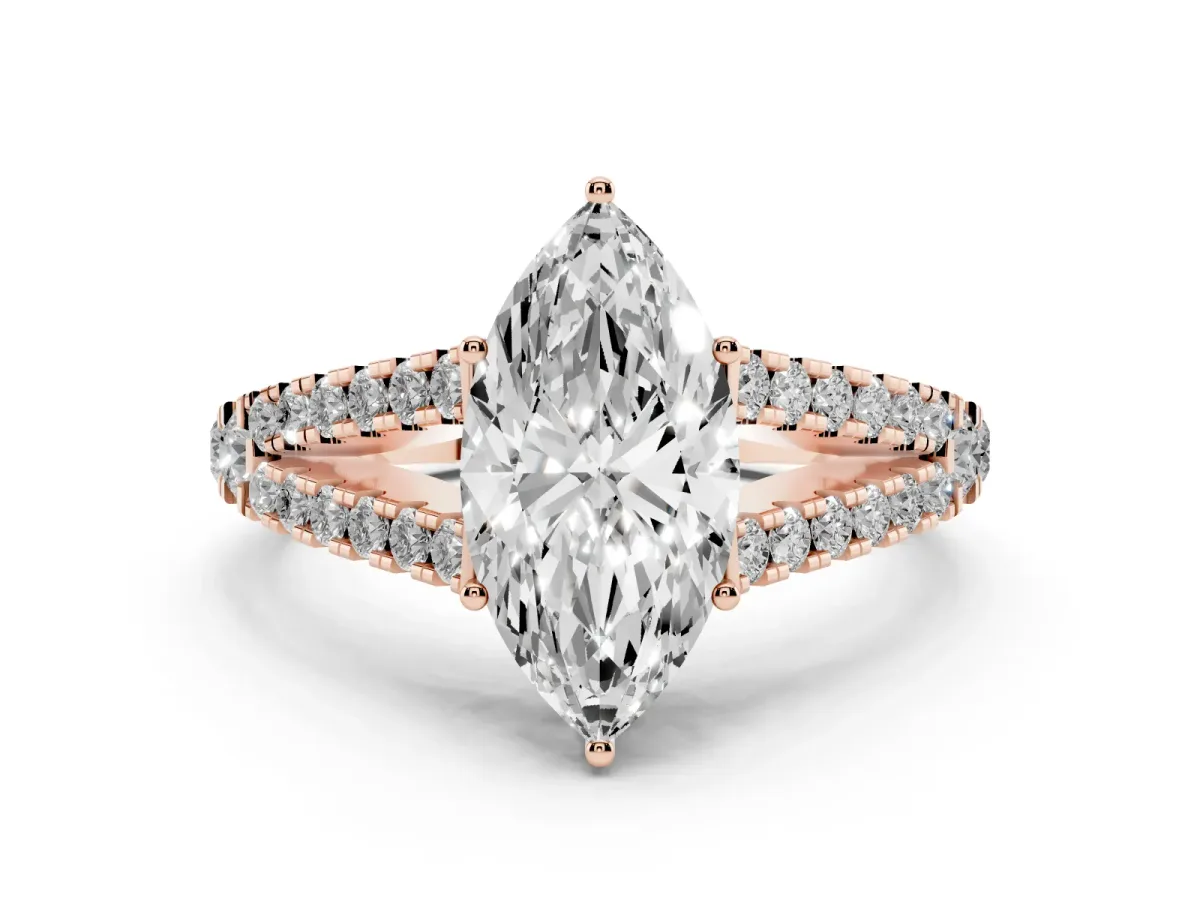 Marquise Cut Diamond Split Shank Pavé Engagement Ring with Four-Prong Setting Rose gold