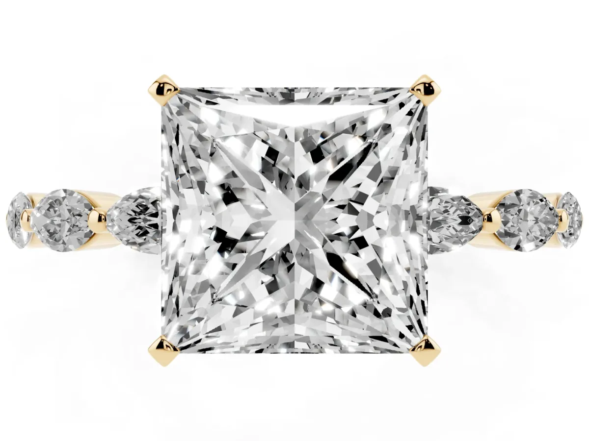Princess Cut Diamond Ring with Marquise Side Stones and Prong Setting Yellow gold