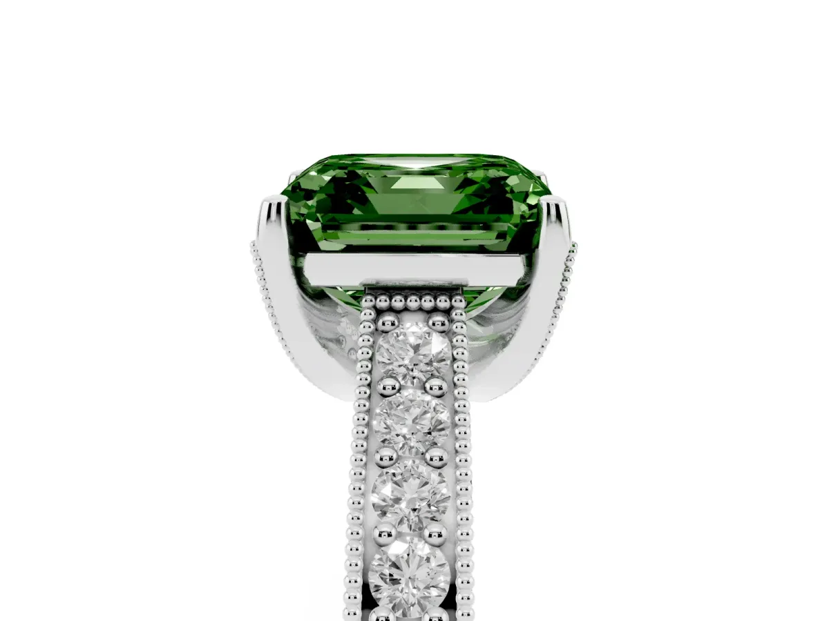 Fancy Green Asscher Cut Cut Diamond Solitaire Ring with Milgrain Pave Band and Four Prong Setting Silver
