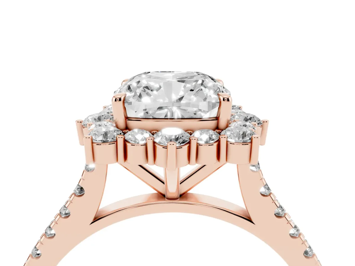 Cushion Cut Halo Diamond Ring with Pavé Band and Prong Setting Rose gold