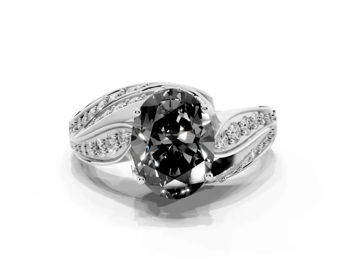 Fancy Black Oval Cut Diamond Solitaire Ring with Prong Setting and Twisted Pavé Band Silver