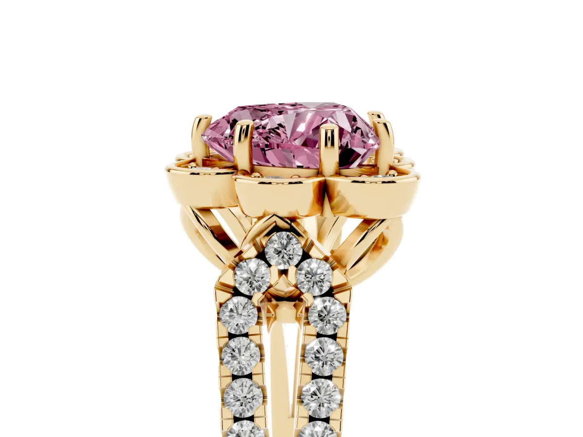 Fancy Pink Heart Cut Halo Diamond Floral Split Shank Engagement Ring Yellow gold