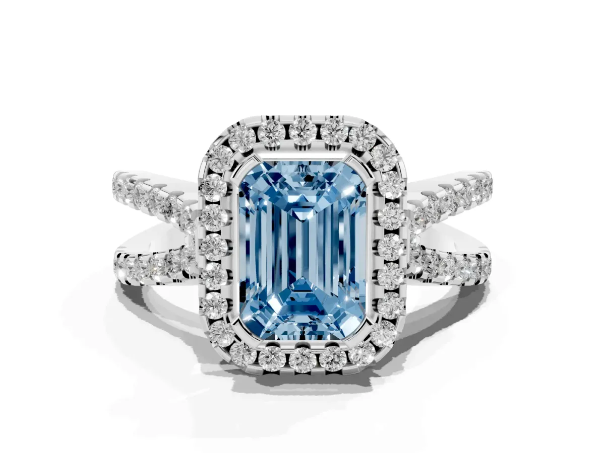 Fancy Blue Emerald Cut Diamond Halo Ring with Split Shank Pavé Band and Prong Setting Silver