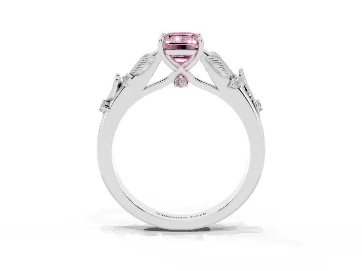 Fancy Pink Emerald Cut Diamond Solitaire Ring with Leaf Motif Band and Four-Prong Setting Silver