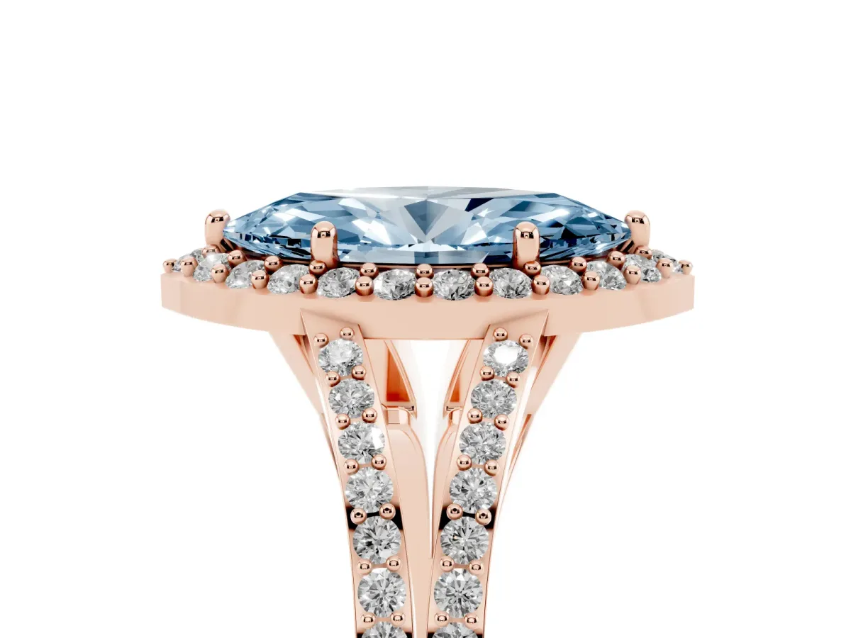 Fancy Blue Marquise Cut Halo Split Shank Pave Diamond Ring with Four-Prong Setting Rose gold