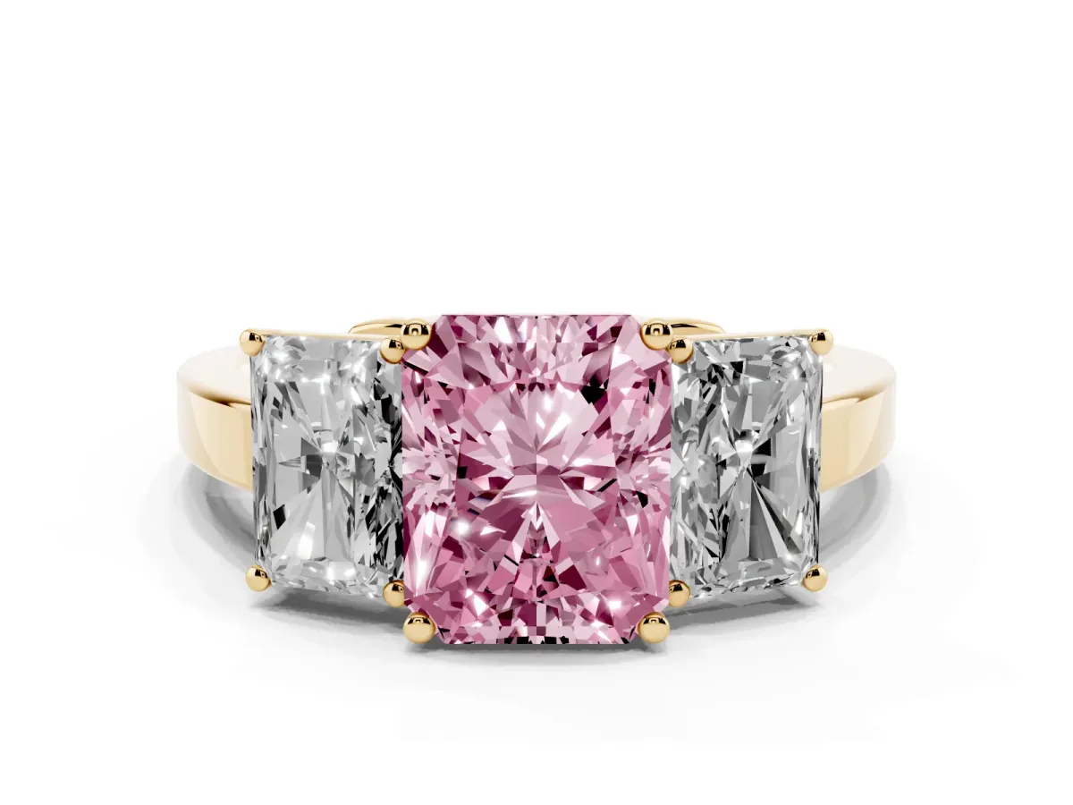 Fancy Pink Three-Stone Radiant Cut Cut Diamond Engagement Ring with Flat Band and Four-Prong Setting Yellow gold