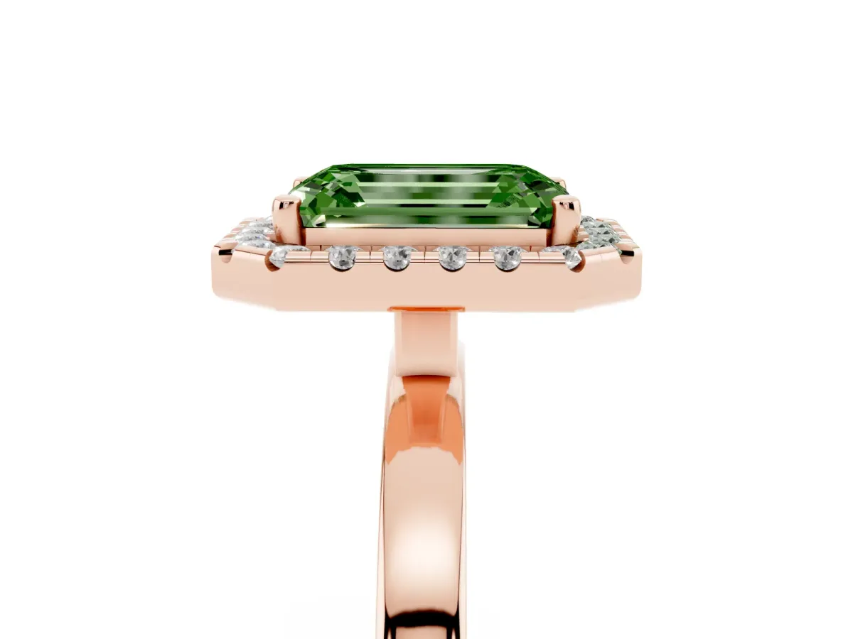 Fancy Green Emerald Cut Halo Diamond Solitaire with Pavé Band and Four-Prong Setting Rose gold