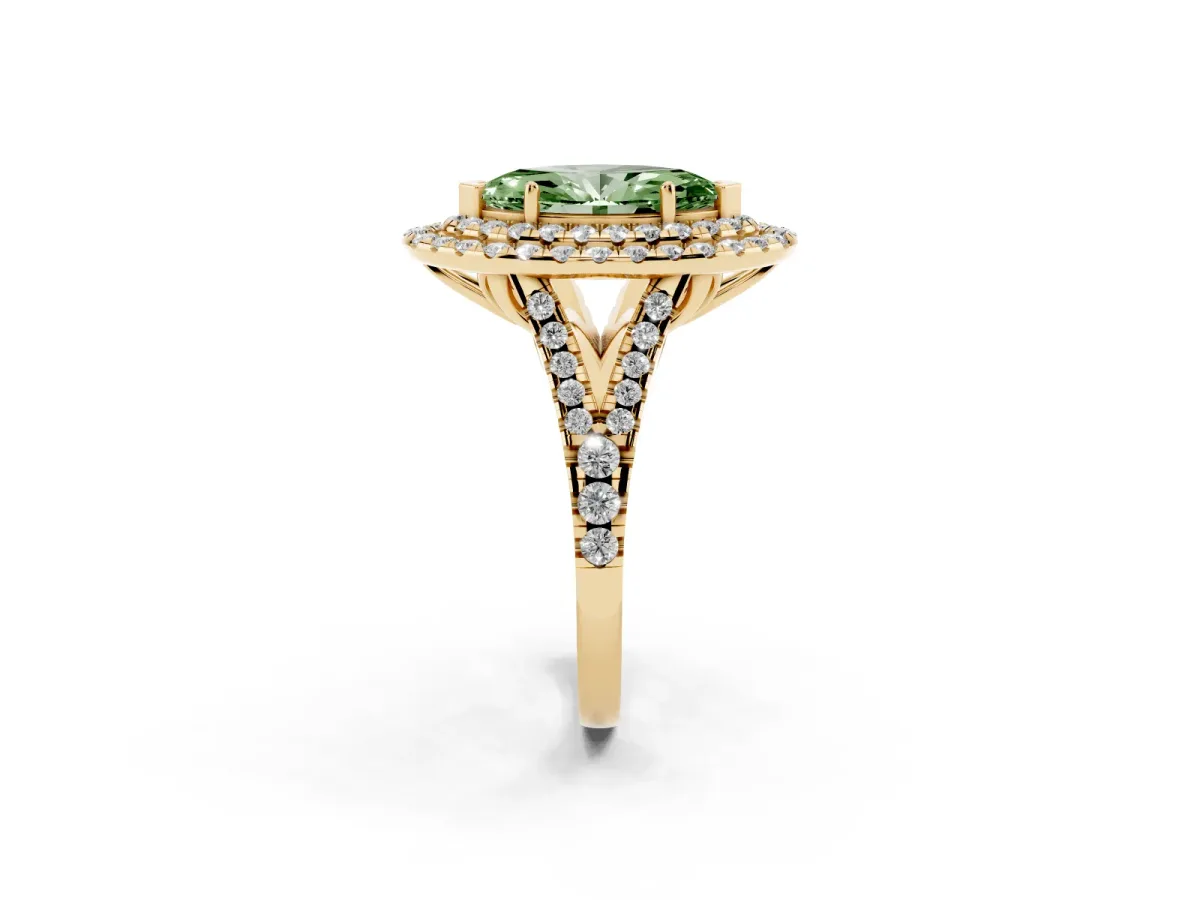 Fancy Green Double Halo Marquise Cut Diamond Pavé Split Shank Ring with Prong Setting Yellow gold