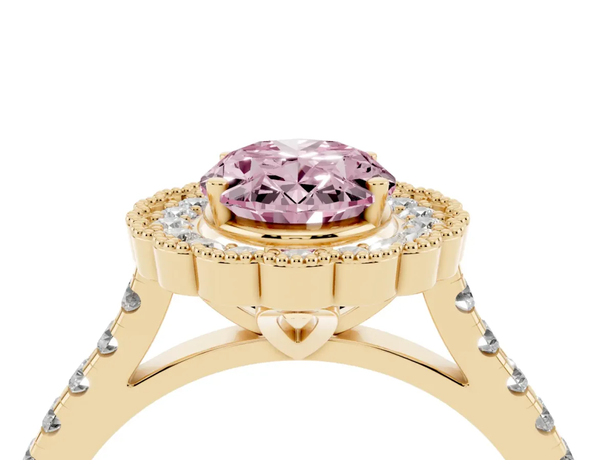 Fancy Pink Oval Cut Cut Diamond Milgrain Floral Halo Engagement Ring with Pavé Band Yellow gold