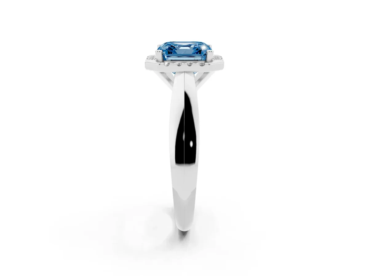 Fancy Blue Asscher Cut Cut Halo Solitaire Engagement Ring with Square Band and Four-Prong Setting White gold