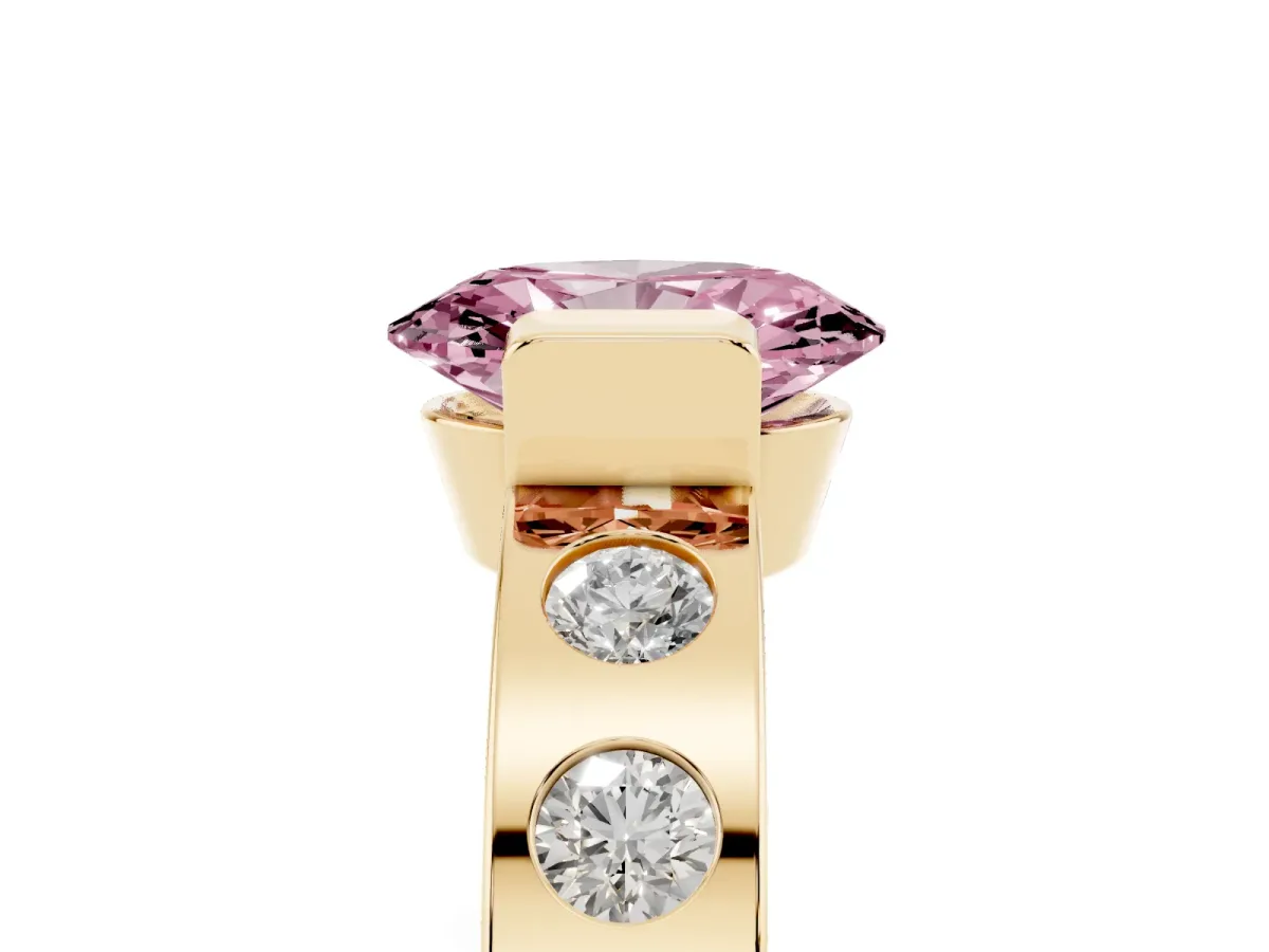 Fancy Pink Oval Cut Brilliant Channel-Set Diamond Ring with Bezel Prong Setting Yellow gold