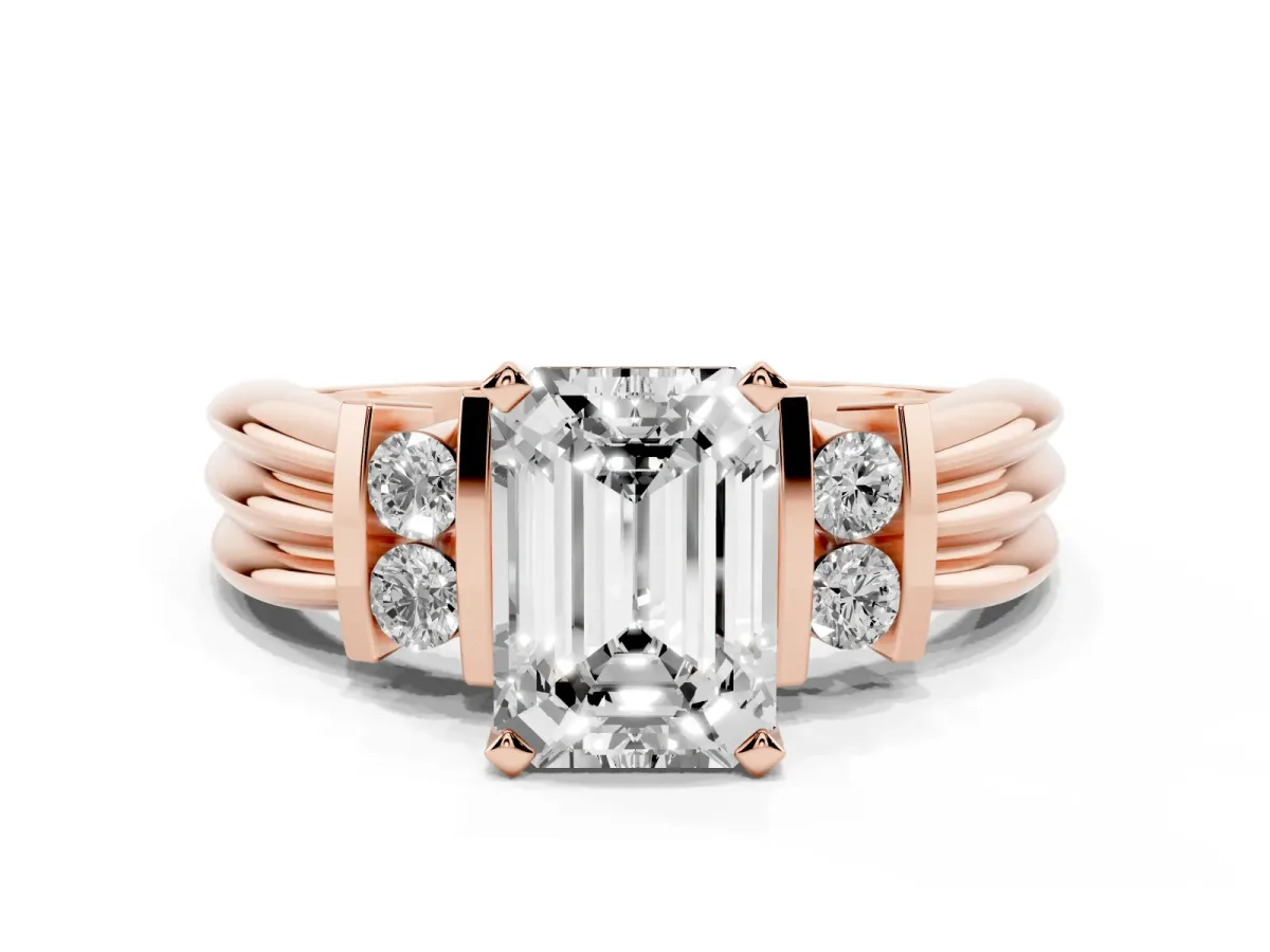Emerald Cut Cut Three-Stone Channel Set Ring with Bar Prongs Rose gold
