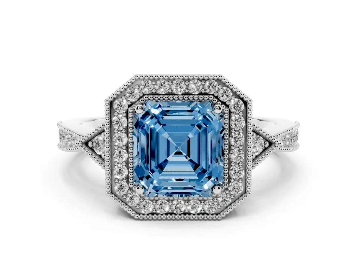 Fancy Blue Asscher Cut Halo Round Diamond Milgrain Pave Engagement Ring Silver
