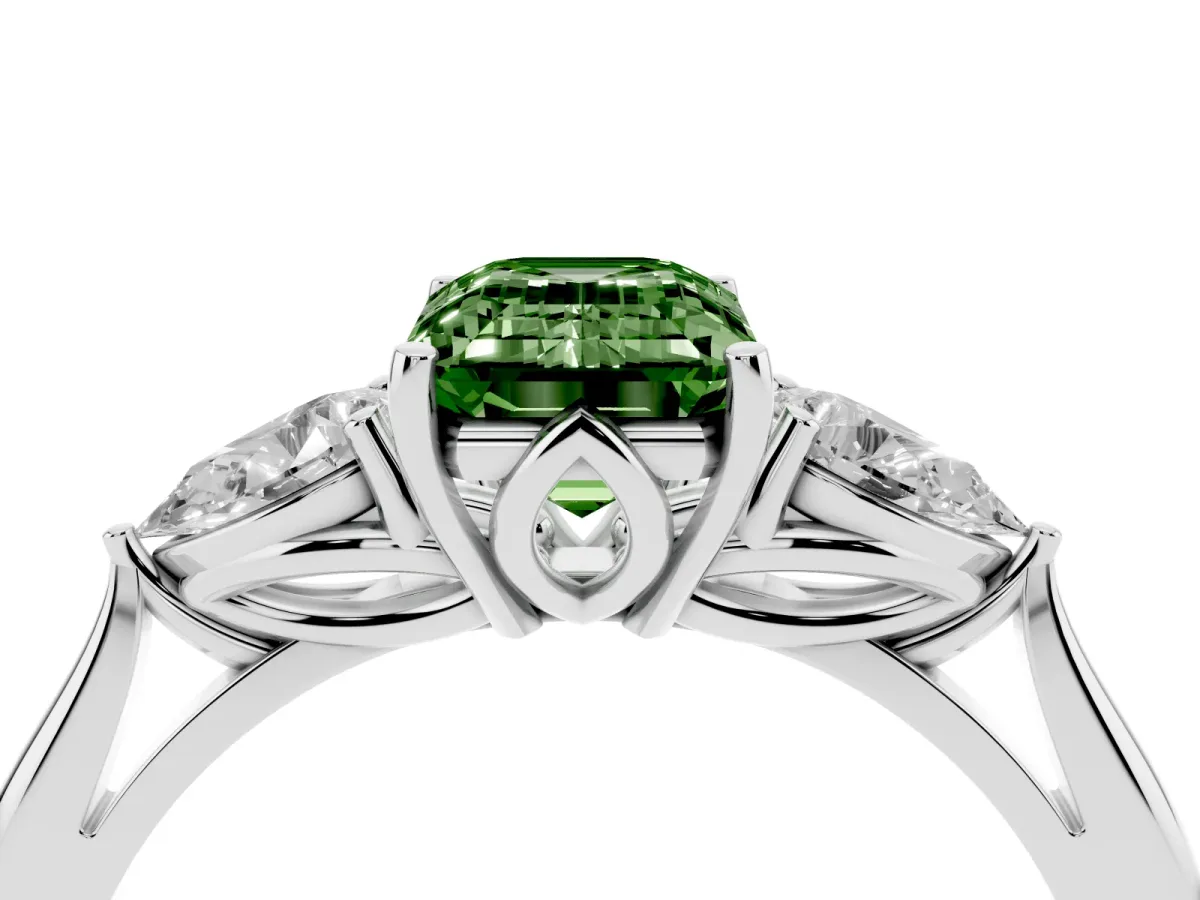 Fancy Green Emerald Cut Diamond Three-Stone Ring with Pear Side Stones and Prong Setting Silver