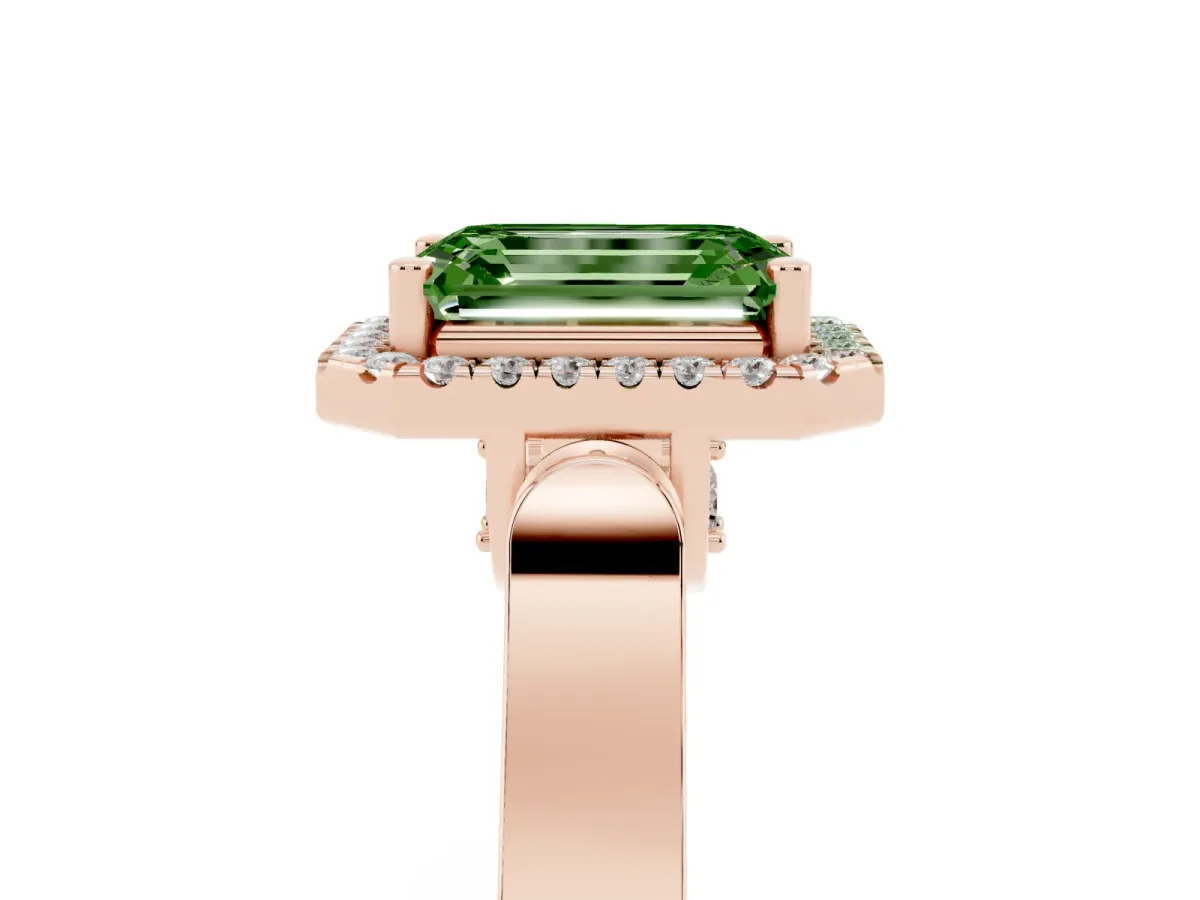 Fancy Green Emerald Cut Halo Round Diamond Twist Band with Four-Prong Setting Rose gold