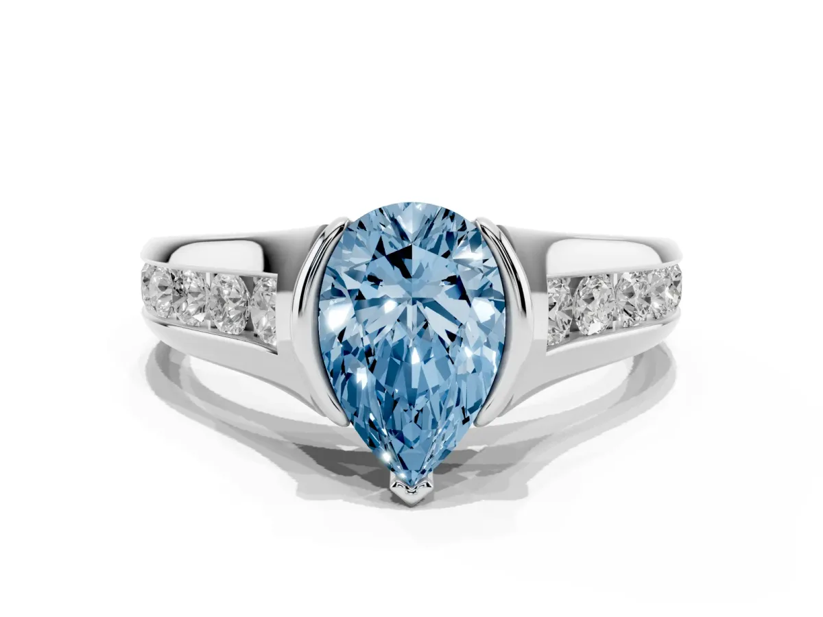 Fancy Blue Pear Cut Solitaire Bezel-Set Diamond Ring with Channel-Set Band Platinum