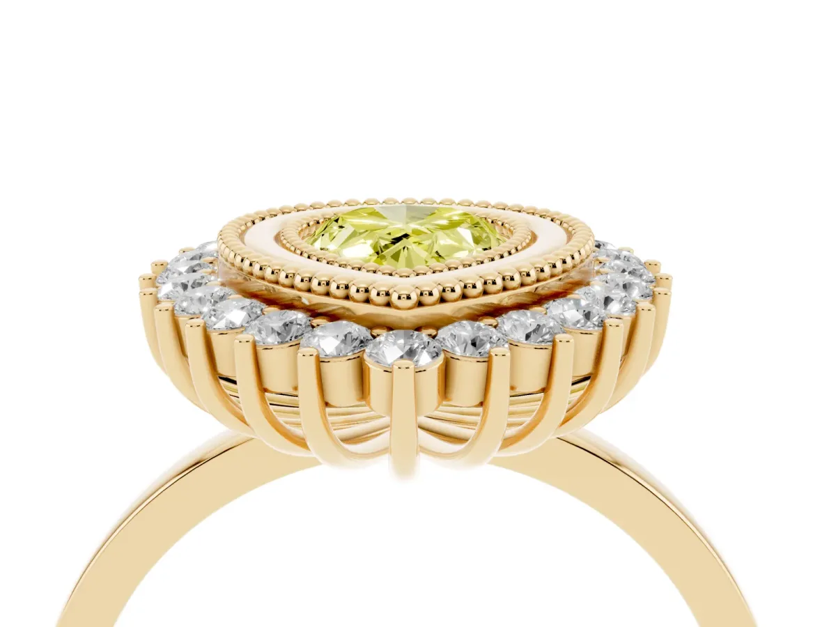 Fancy Yellow Pear Cut Halo Diamond Ring with Milgrain Edge and Round Prong Setting Yellow gold