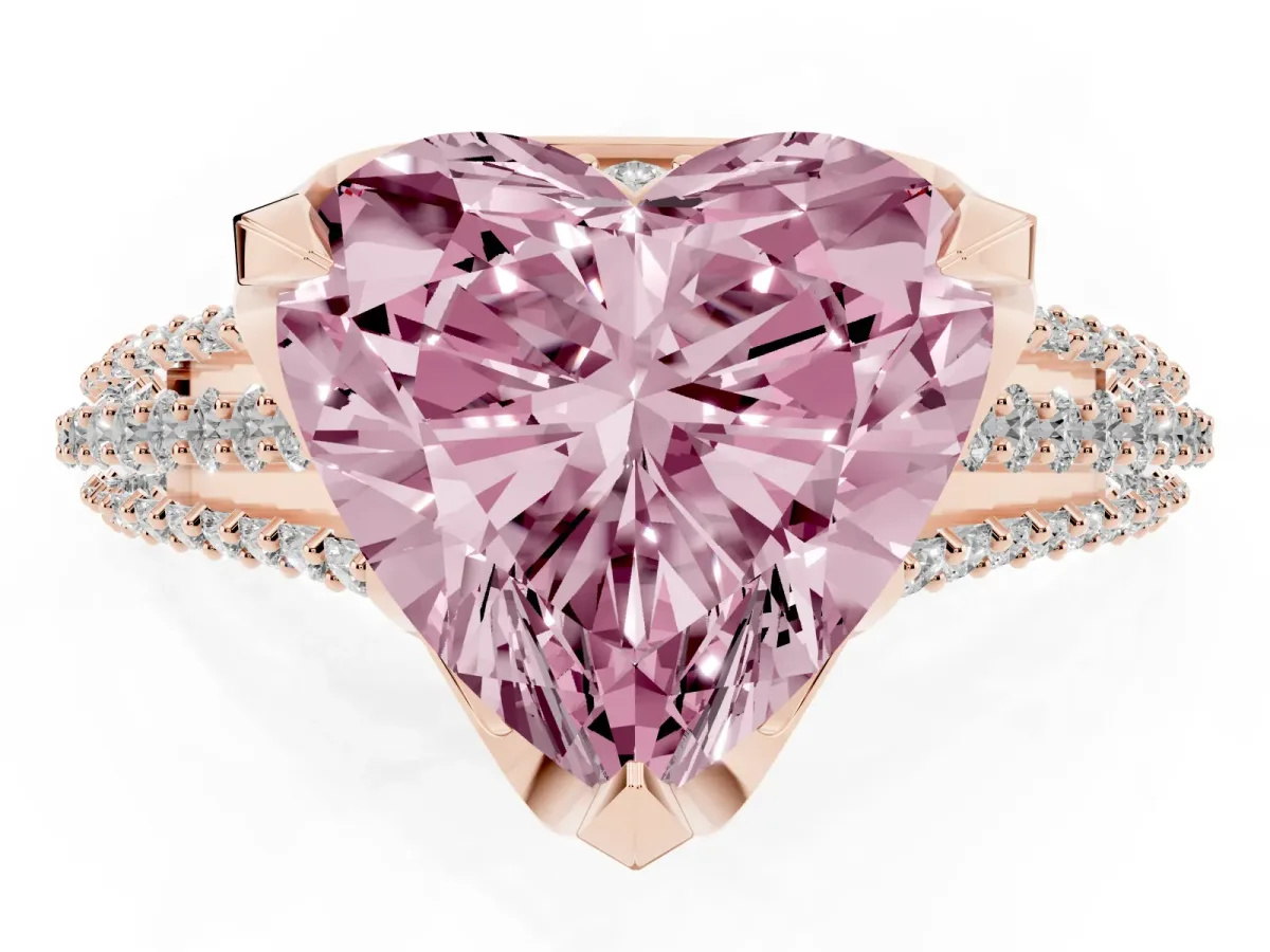 Fancy Pink Heart Cut Solitaire Pave Split Shank Ring with Four-Prong Setting Rose gold
