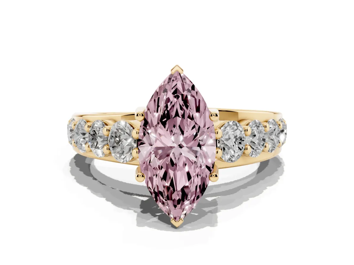 Fancy Pink Marquise Cut Diamond Engagement Ring with Pavé Band and Four-Prong Setting Yellow gold