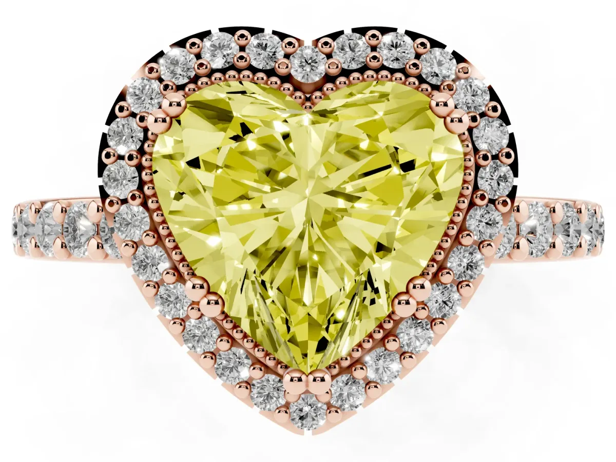 Fancy Yellow Heart Cut Cut Diamond Halo Engagement Ring with Milgrain Detail and Pavé Band Rose gold