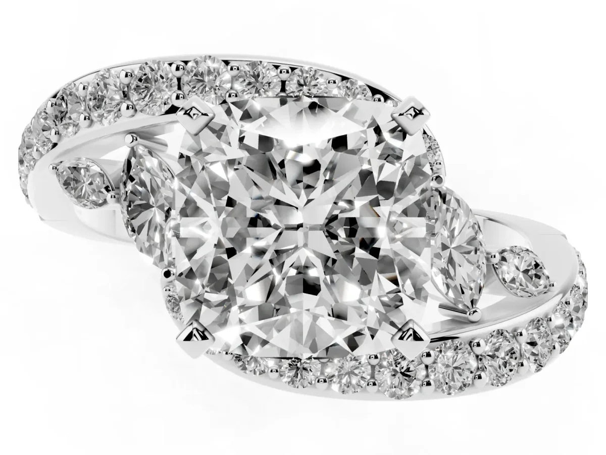 Cushion Cut Diamond Solitaire Ring with Filigree Band and Four-Prong Setting Silver