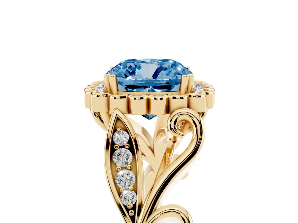 Fancy Blue Cushion Cut Diamond Halo Ring with Vintage Split Shank and Four-Prong Setting Yellow gold