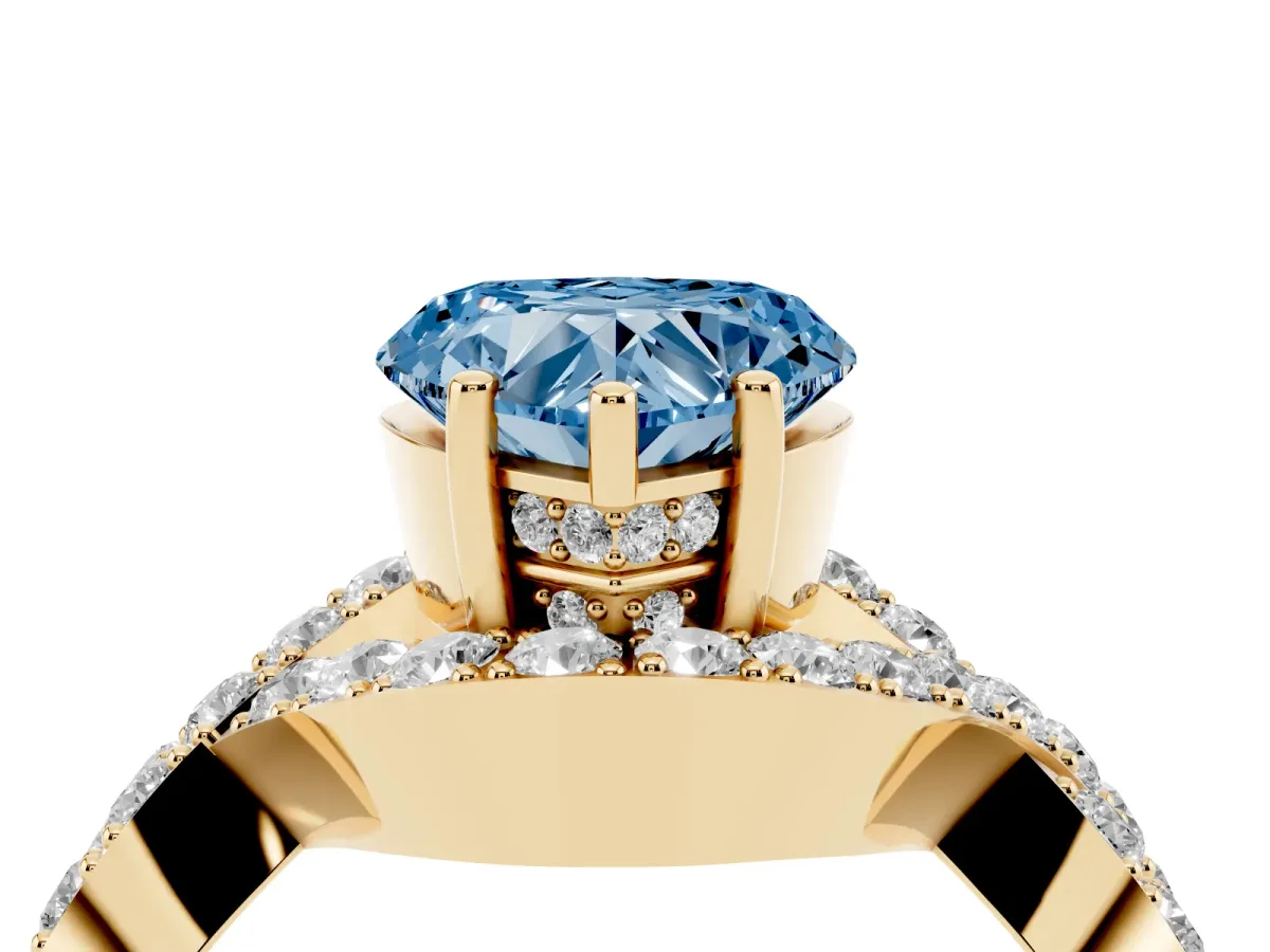 Fancy Blue Heart Cut Solitaire Twist Band Pavé Diamond Engagement Ring Yellow gold