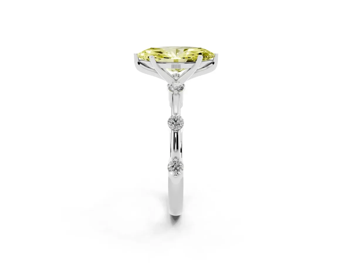 Fancy Yellow Marquise Cut Solitaire Diamond Ring with Bezel Set Side Stones and Prong Setting Silver