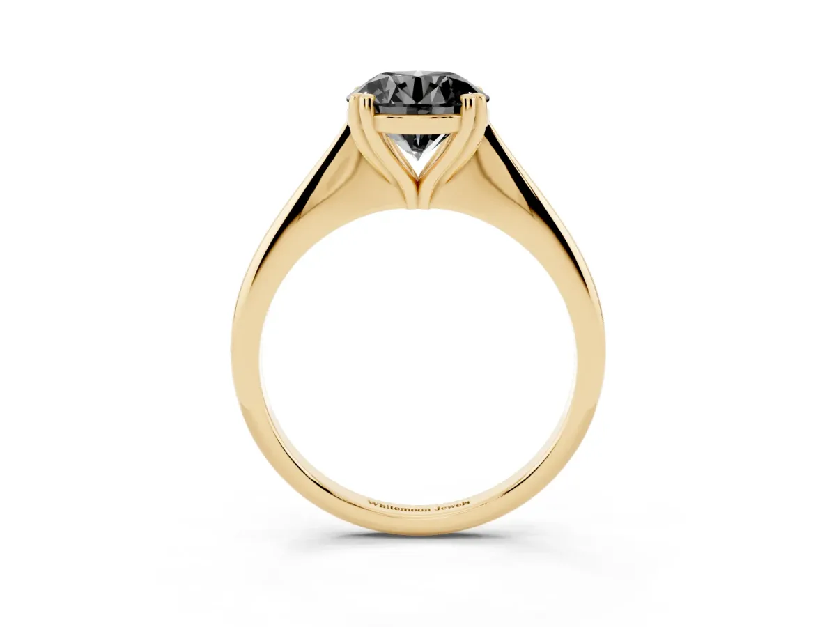 Fancy Black Round Cut Solitaire Diamond Ring with Six-Prong Setting and Classic Band Yellow gold