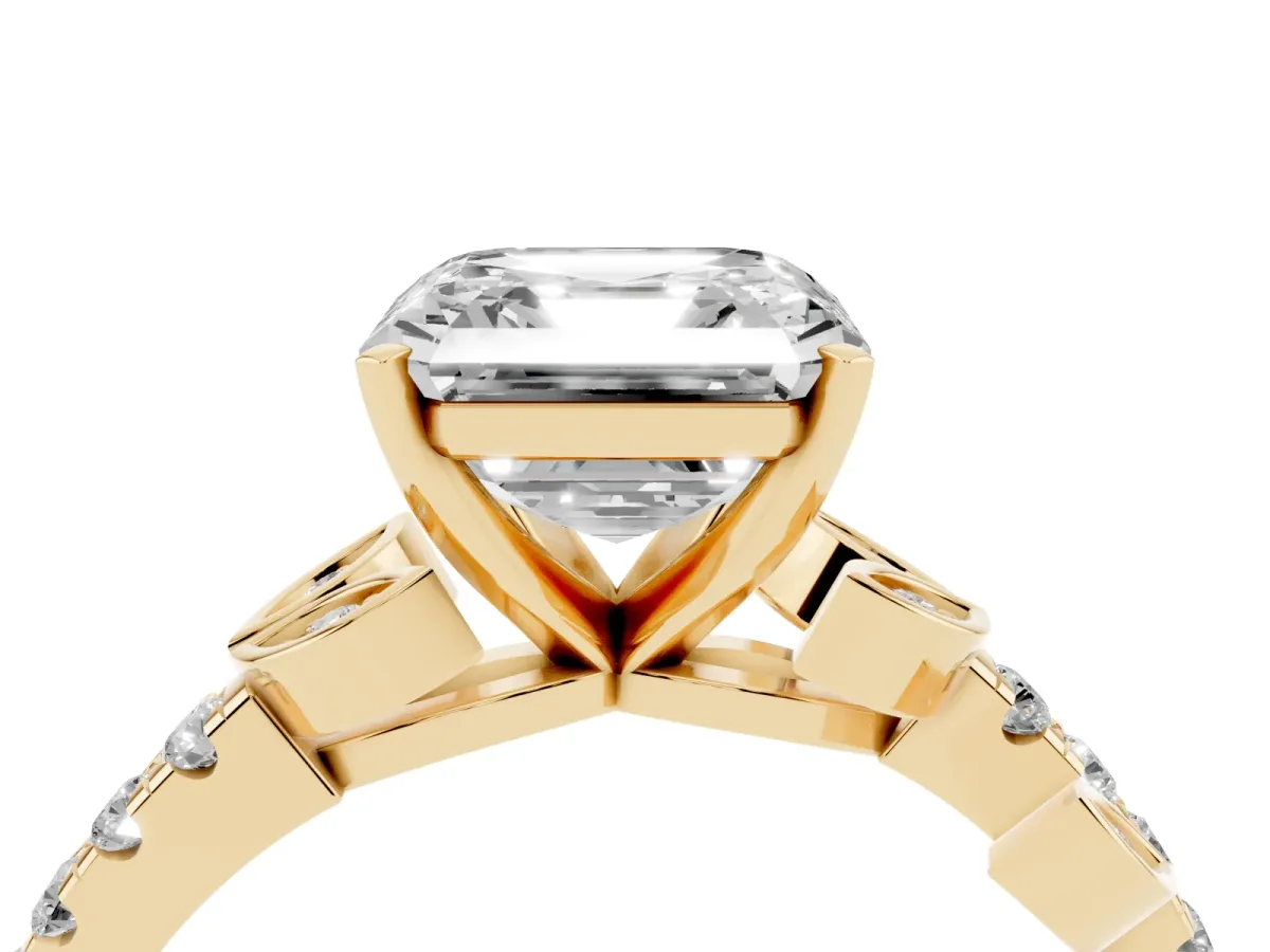 Asscher Cut Solitaire Leaf-Inspired Diamond Ring with Pavé Band and Four-Prong Setting Yellow gold