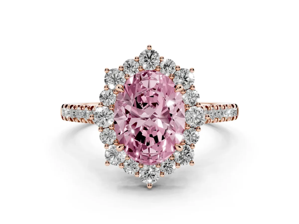 Fancy Pink Oval Cut Halo Diamond Ring with Pavé Band and Prong Setting Rose gold