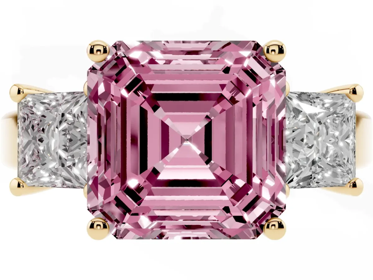 Fancy Pink Three-Stone Asscher Cut Cut Solitaire Ring with Prong Setting Yellow gold