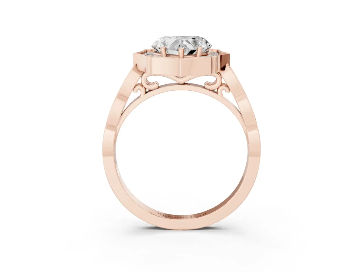 Heart Cut Halo Diamond Engagement Ring with Milgrain Band and Four-Prong Setting Rose gold
