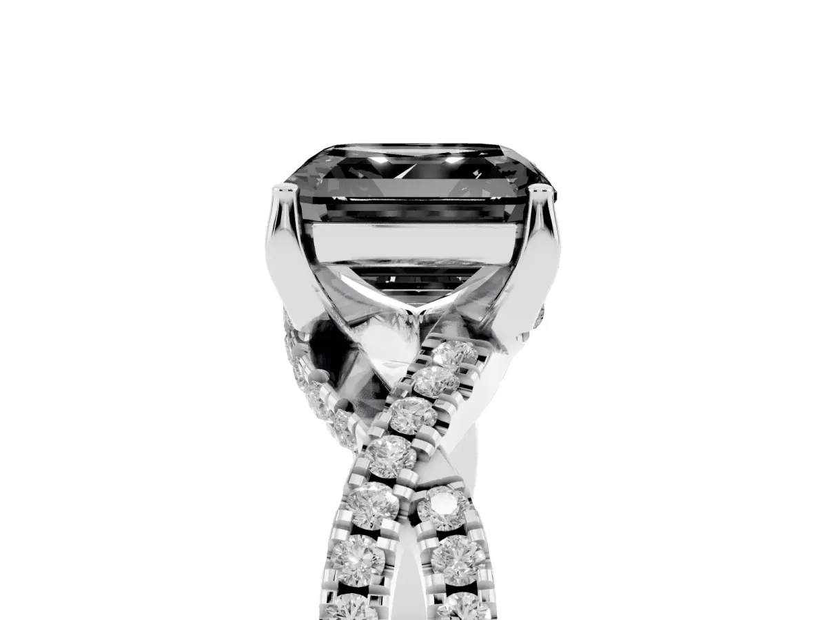 Fancy Black Asscher Cut Solitaire Twist Pave Diamond Engagement Ring with Prong Setting Silver