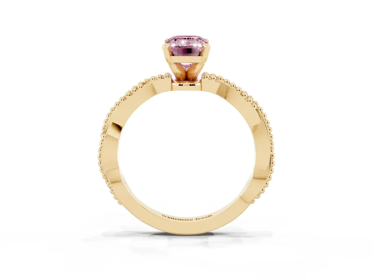 Fancy Pink Emerald Cut Solitaire Twisted Band with Bead Prong Setting Yellow gold