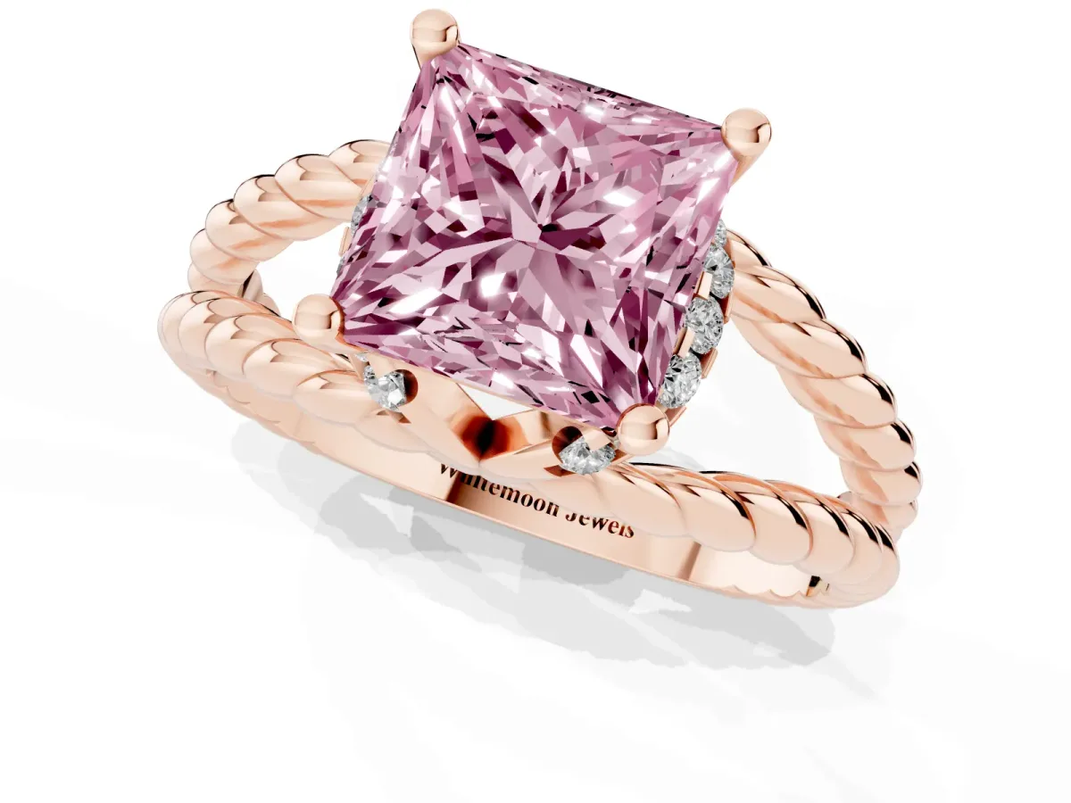 Fancy Pink Princess Cut Halo Twisted Band Four-Prong Ring Rose gold